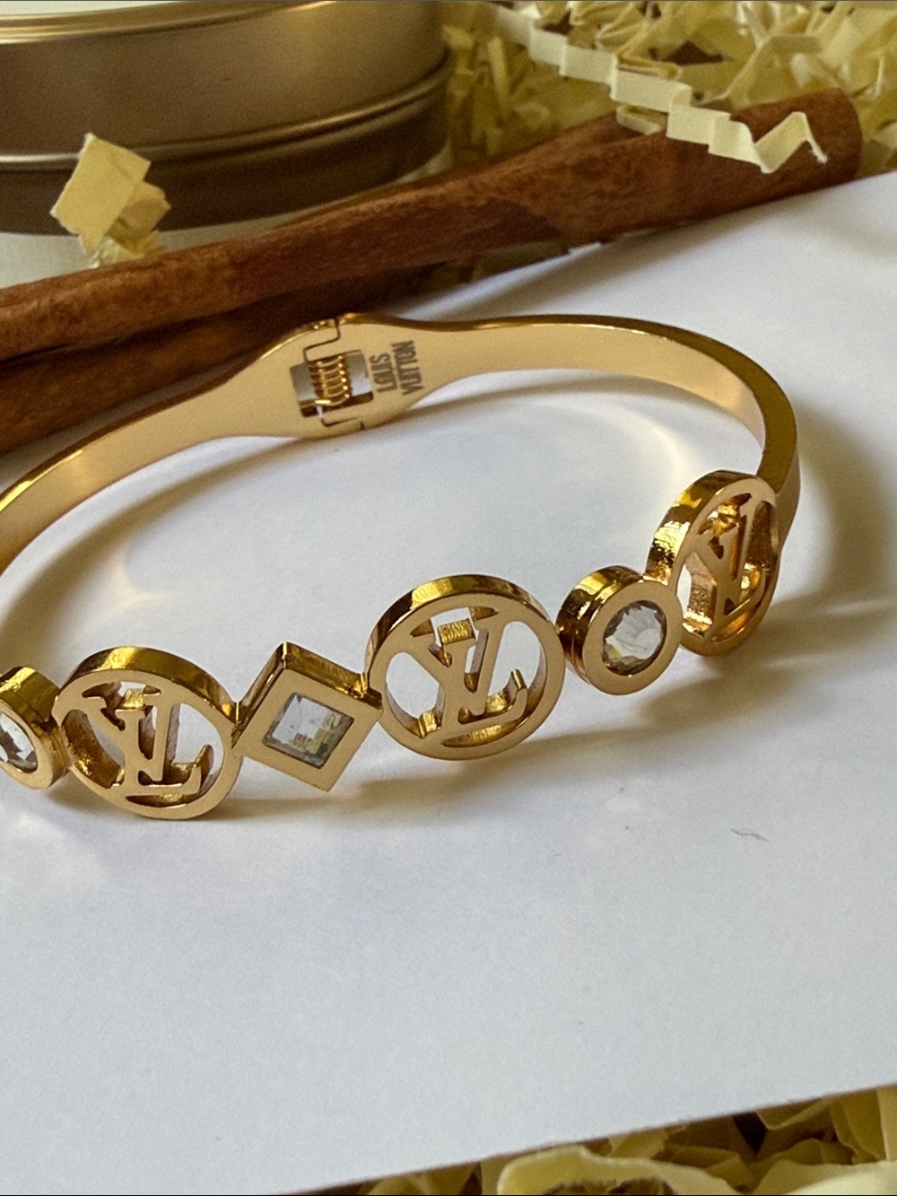 Fashion designer Gold-Tone Logo Crystal Bangle Bracelet - Picture 6 of 10
